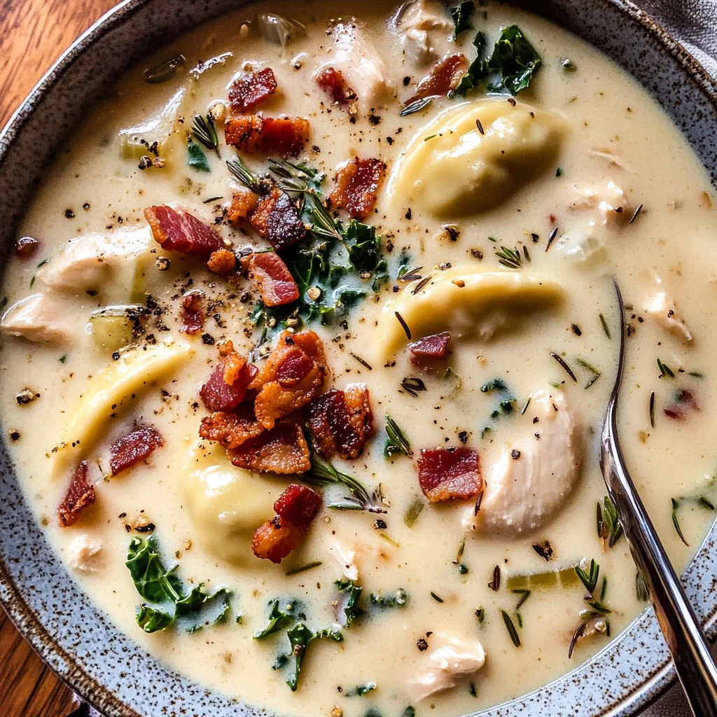 Creamy Pierogi Chicken Soup with Rosemary Bacon Bits