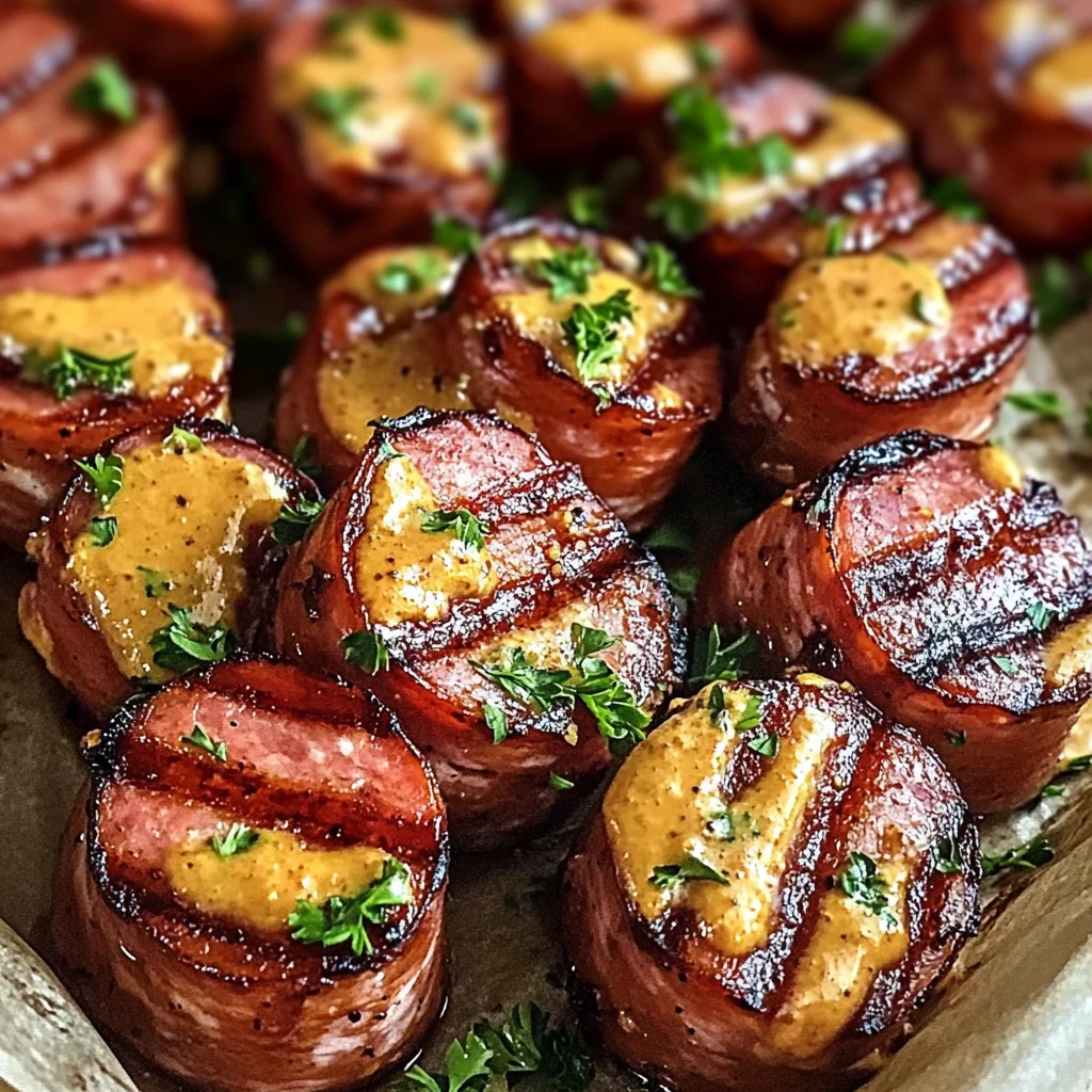 Mustard Hasselback Kielbasa Bites